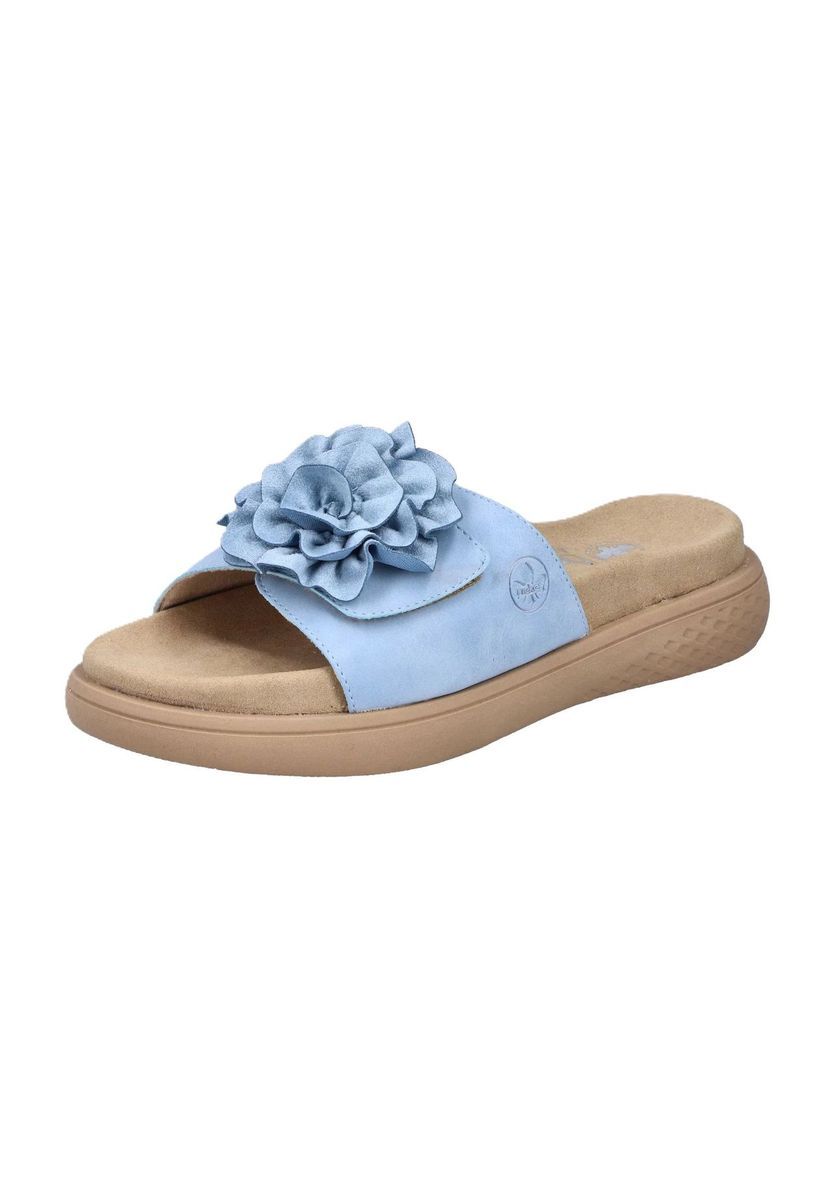 Blaue Pantolette mit floralem Detail