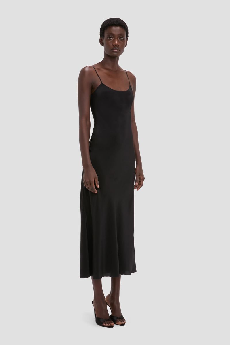Schwarzes Seiden-Cami-Midikleid