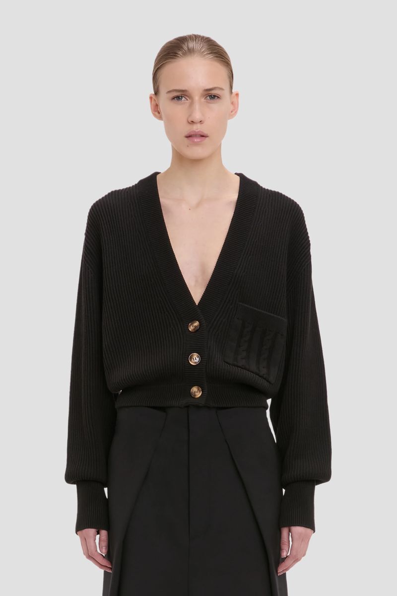 Gerippte, verkürzte Strickjacke mit Tasche
