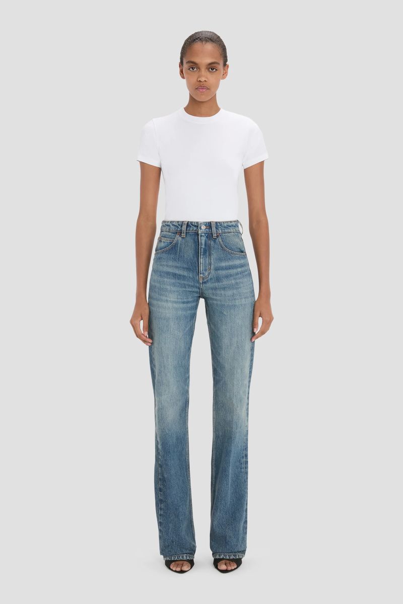 Hochtaillierte Straight-Leg Stretch-Denim-Jeans