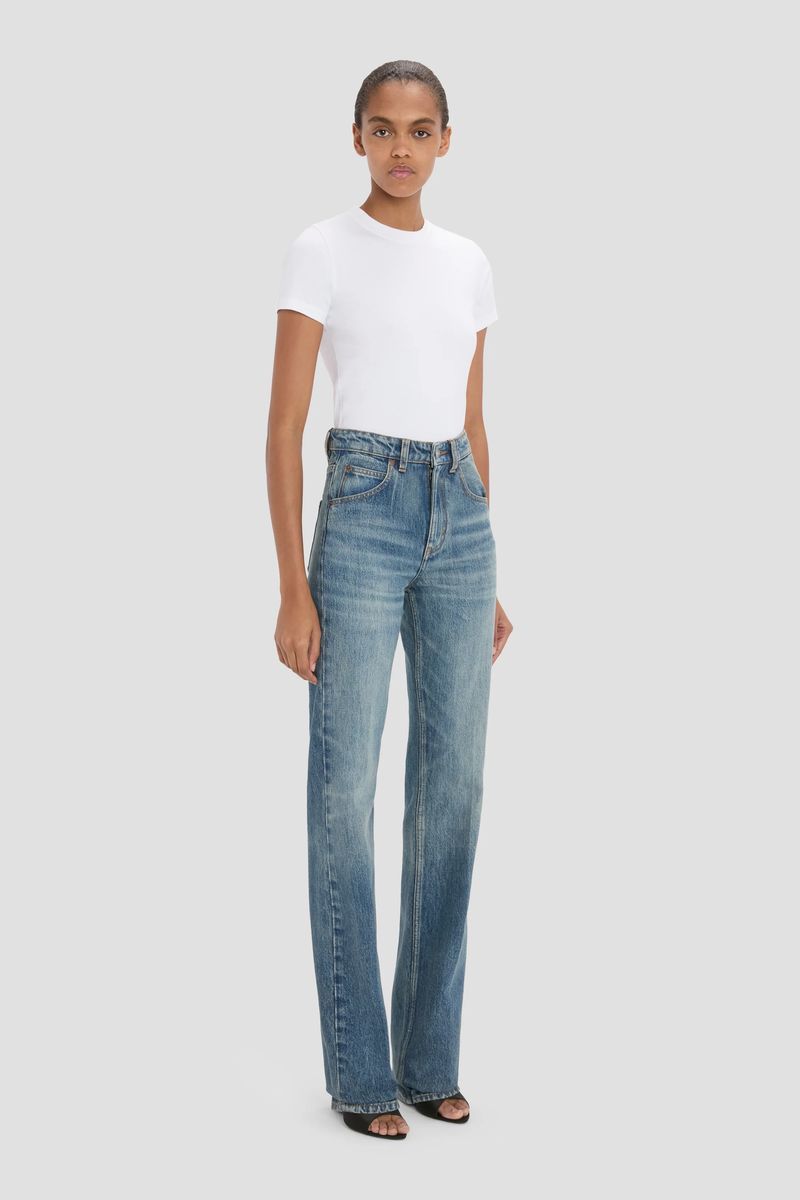 Hochtaillierte Straight-Leg Stretch-Denim-Jeans