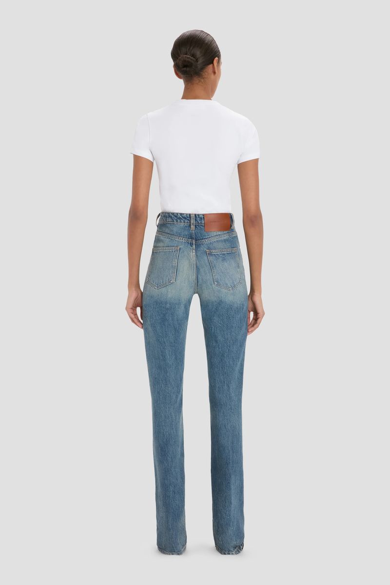 Hochtaillierte Straight-Leg Stretch-Denim-Jeans