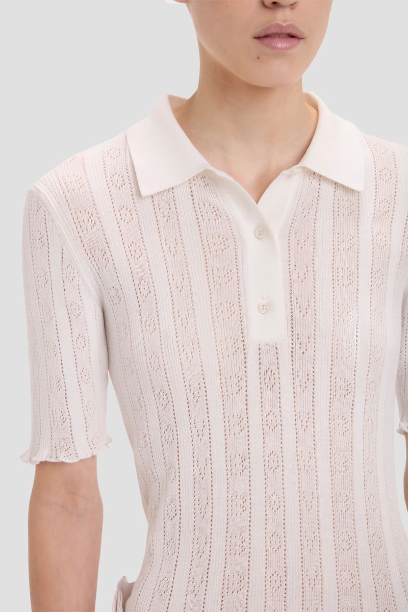 Weißes Pointelle Strick Polo-Oberteil