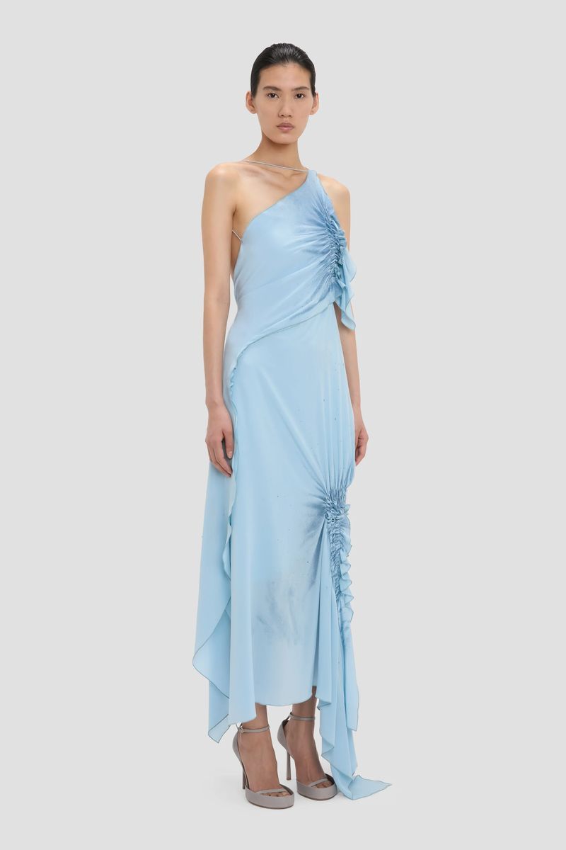 Asymmetrisches, ionisch-blaues Neckholderkleid