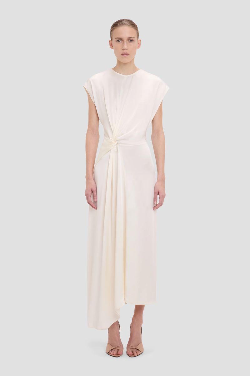Elfenbeinfarbenes Drapieretes Midikleid mit Dreh
