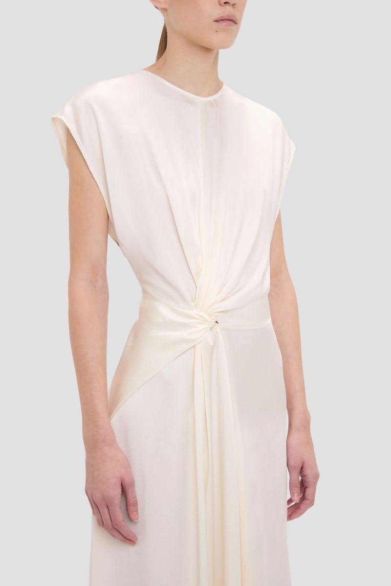 Elfenbeinfarbenes Drapieretes Midikleid mit Dreh