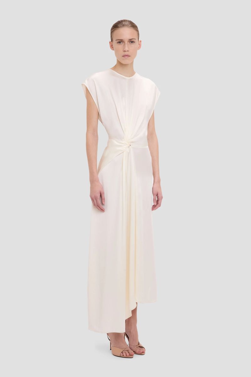 Elfenbeinfarbenes Drapieretes Midikleid mit Dreh