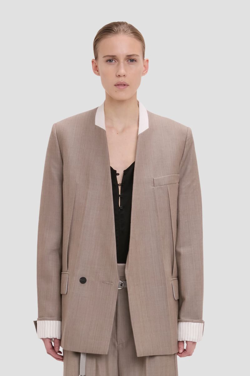 Kragenloser Blazer mit Fischgrätenmuster