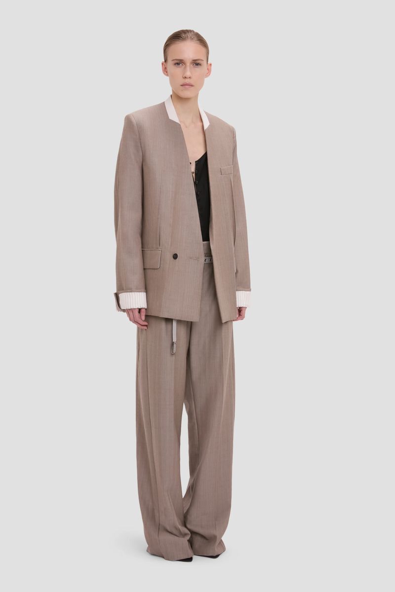 Kragenloser Blazer mit Fischgrätenmuster