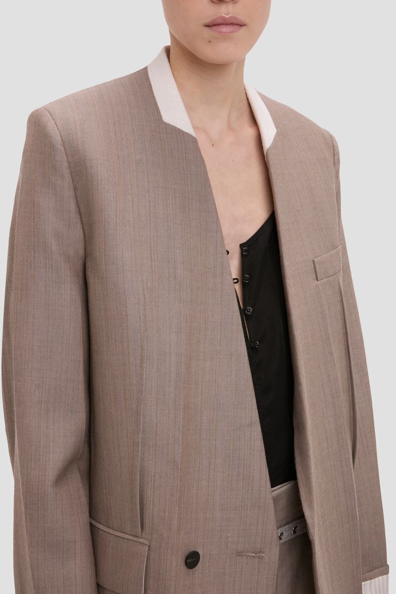 Kragenloser Blazer mit Fischgrätenmuster