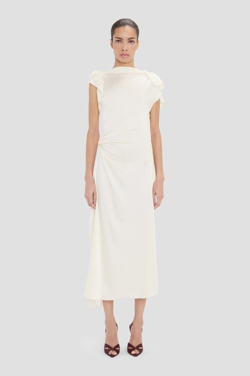 Elegantes elfenbeinfarbenes, drapiertes Midikleid