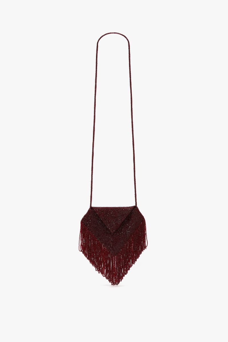 Burgunderfarbene Fransen-Abendtasche mit Perlen