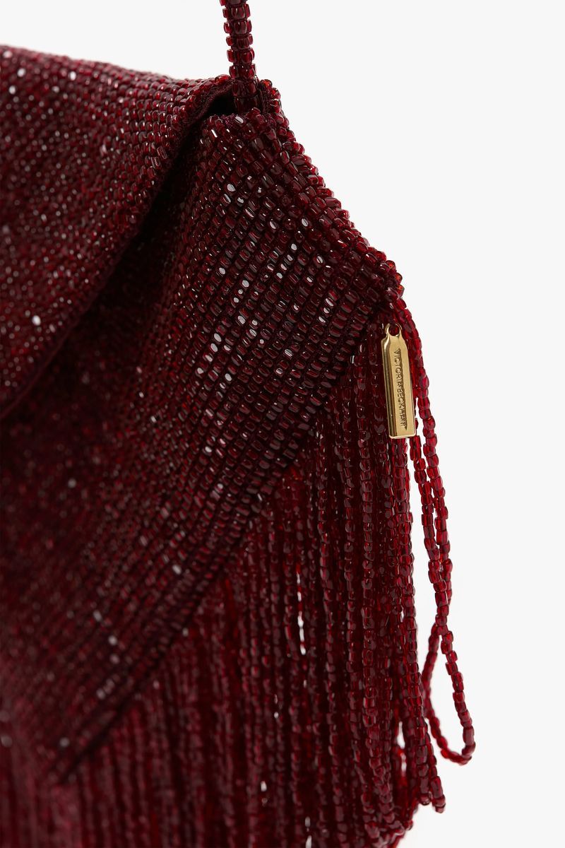 Burgunderfarbene Fransen-Abendtasche mit Perlen