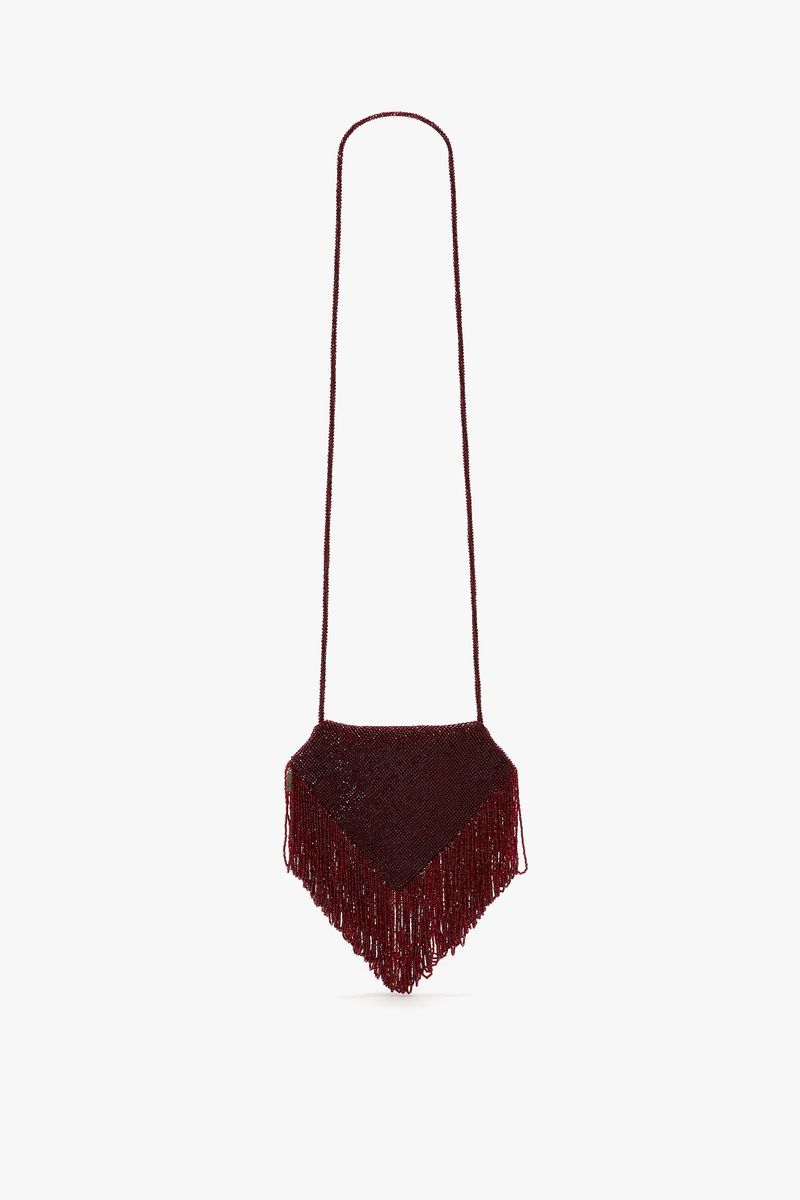 Burgunderfarbene Fransen-Abendtasche mit Perlen