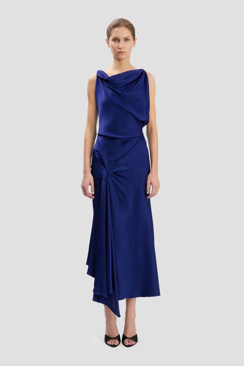 Elegantes, drapiertes Midi-Kleid mit asymmetrischem Saum