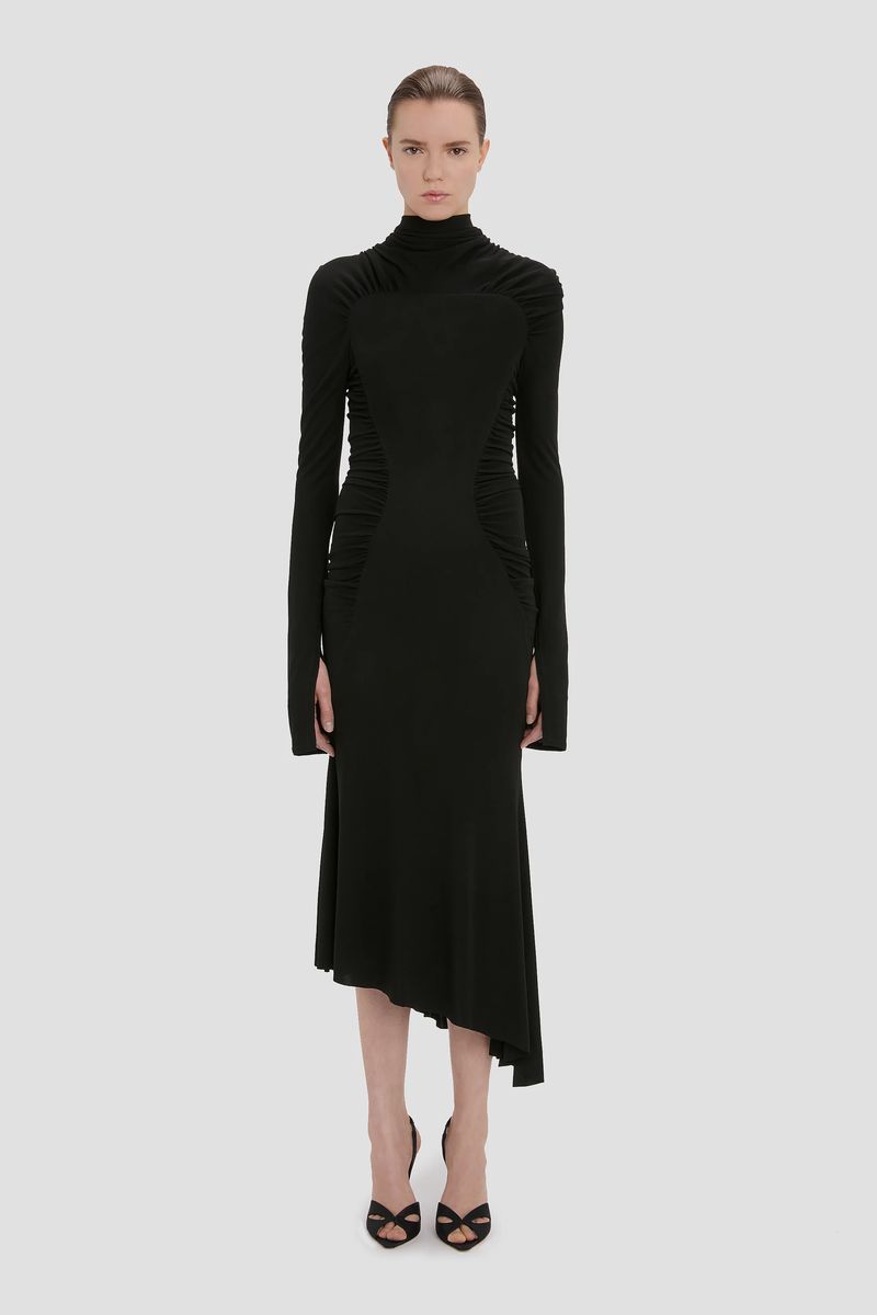 Modernes Midikleid mit drapiertem Kragen