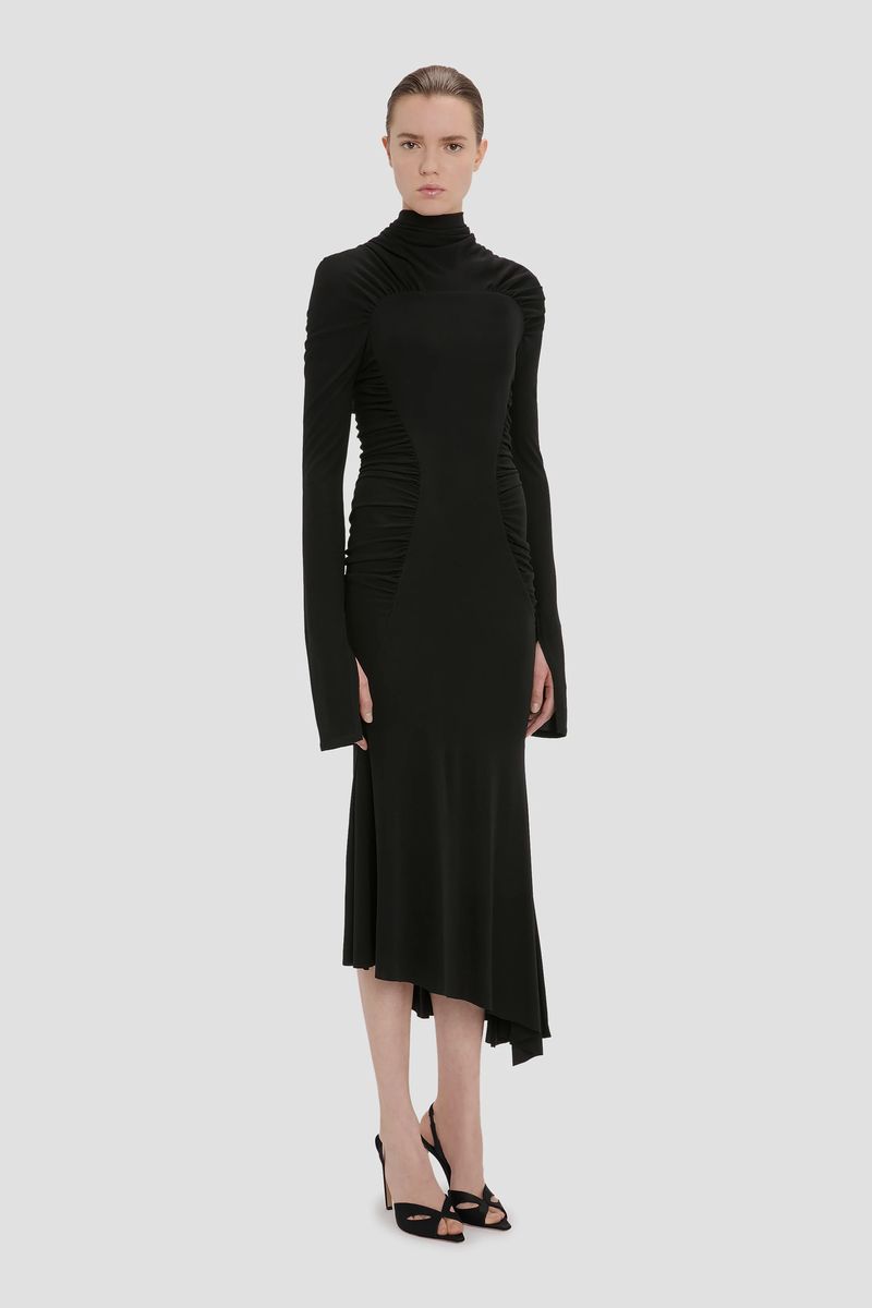 Modernes Midikleid mit drapiertem Kragen