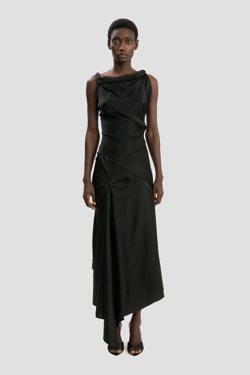 Elegantes, drapiertes Midi-Kleid mit asymmetrischem Saum