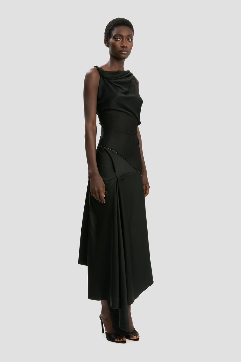 Elegantes, drapiertes Midi-Kleid mit asymmetrischem Saum