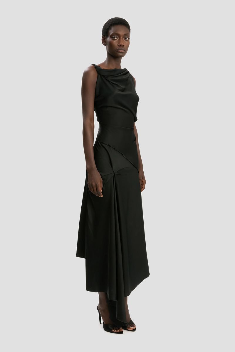 Elegantes, drapiertes Midi-Kleid mit asymmetrischem Saum