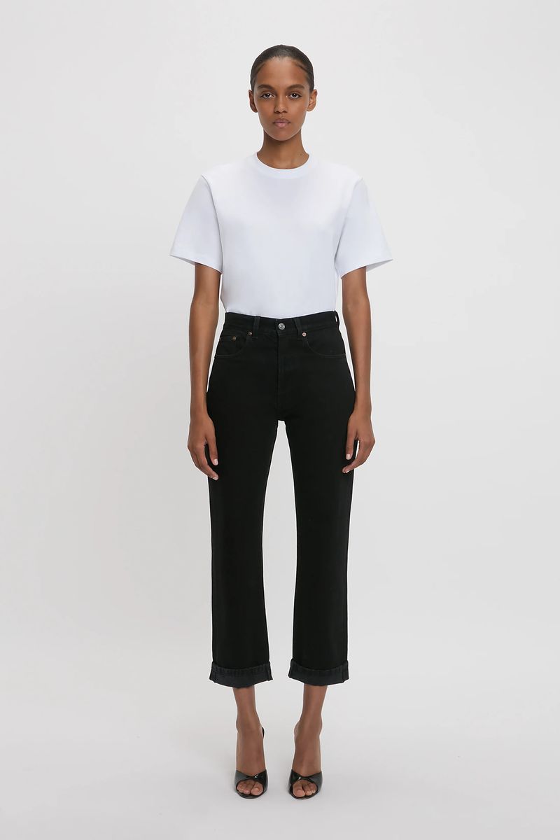 Schwarze cropped Jeans aus gewaschenem Denim