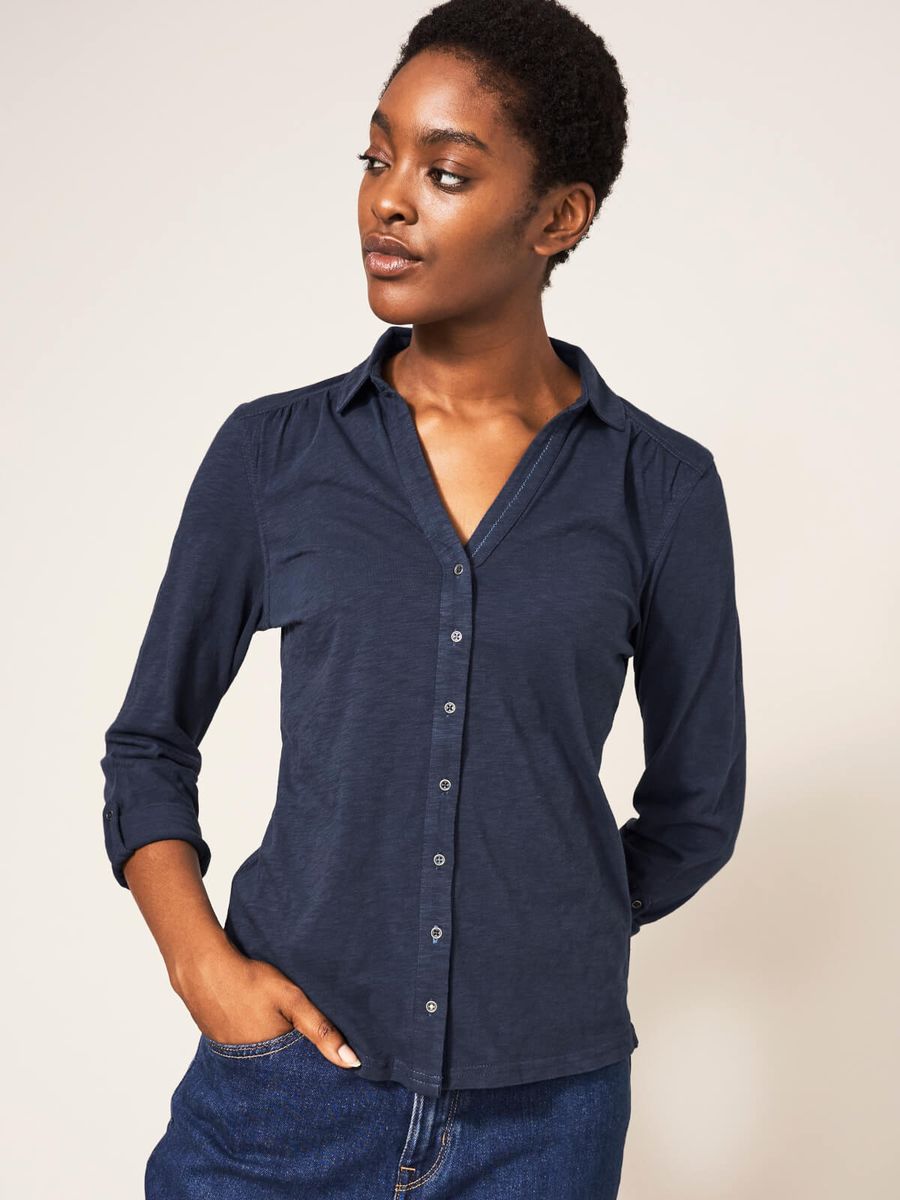 Jersey-Bluse mit Knopfleiste und 3/4-Ärmeln