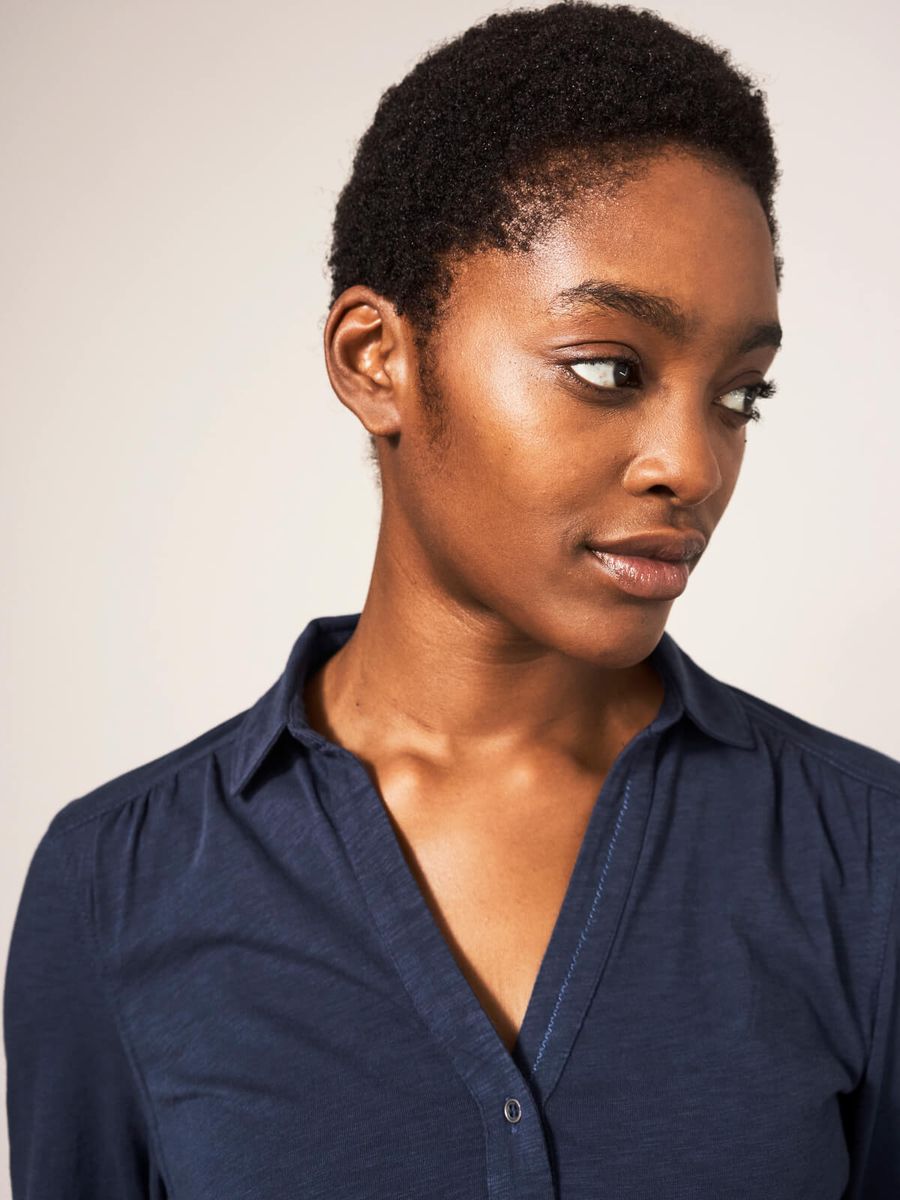 Jersey-Bluse mit Knopfleiste und 3/4-Ärmeln
