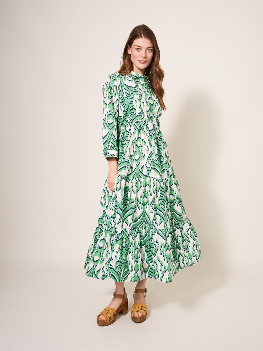 Grünes, gemustertes Stufen-Maxikleid aus Baumwolle