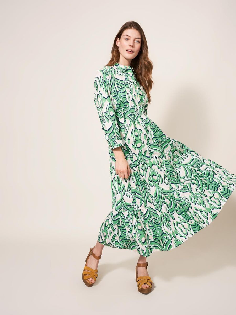 Grünes, gemustertes Stufen-Maxikleid aus Baumwolle