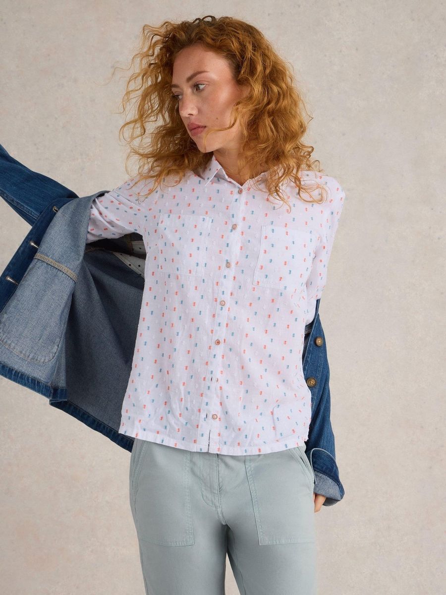 Bestickte Baumwollbluse mit Viereck-Muster