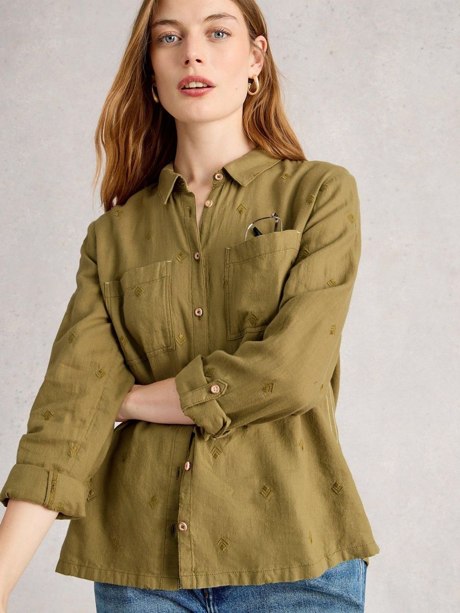 Bestickte Baumwollbluse mit Viereck-Muster