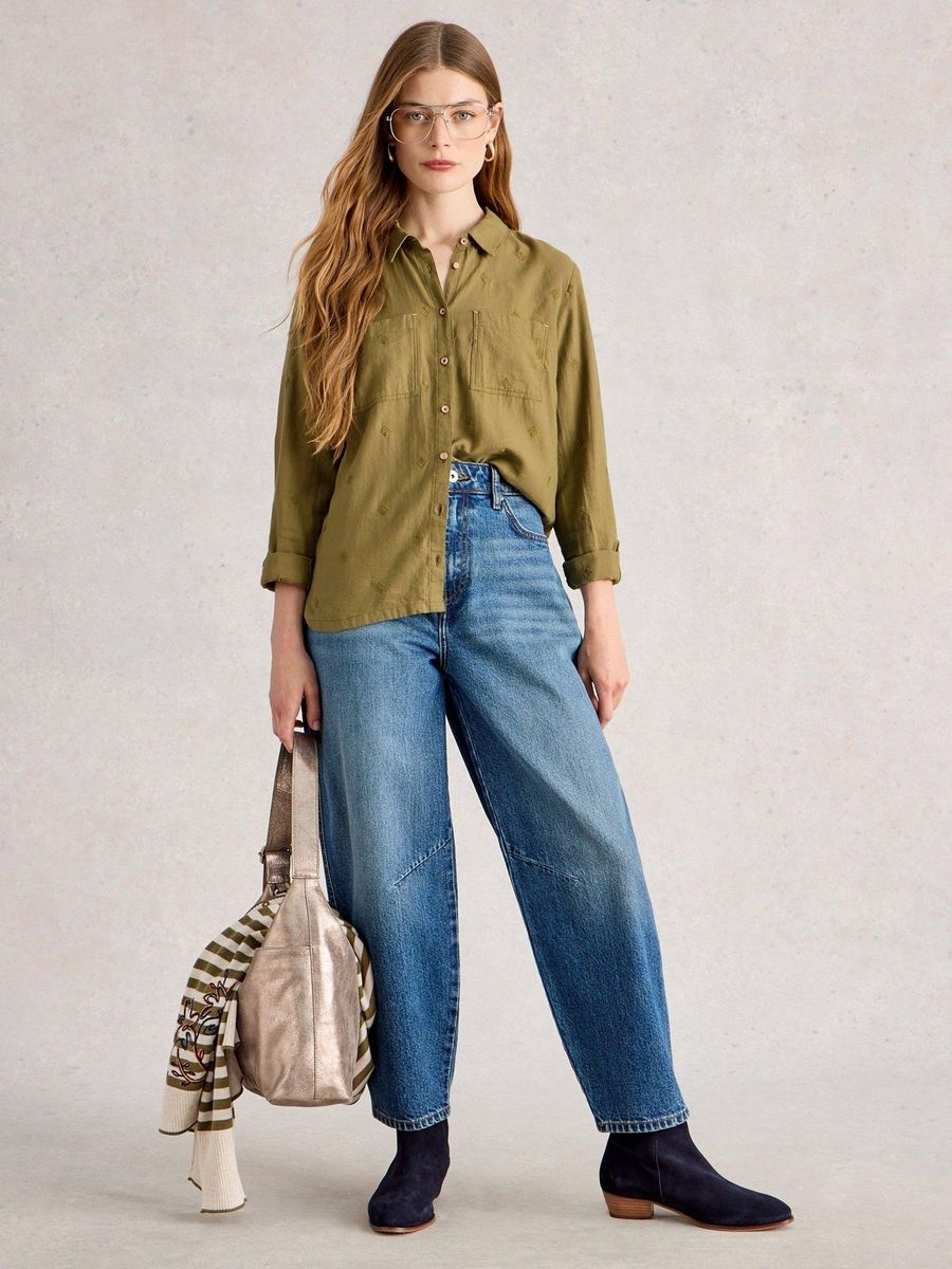 Bestickte Baumwollbluse mit Viereck-Muster