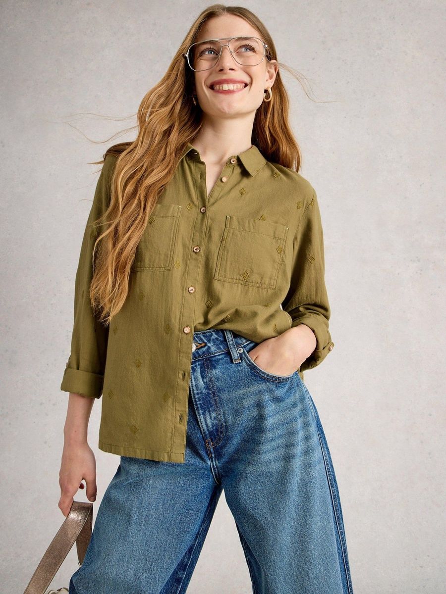 Bestickte Baumwollbluse mit Viereck-Muster