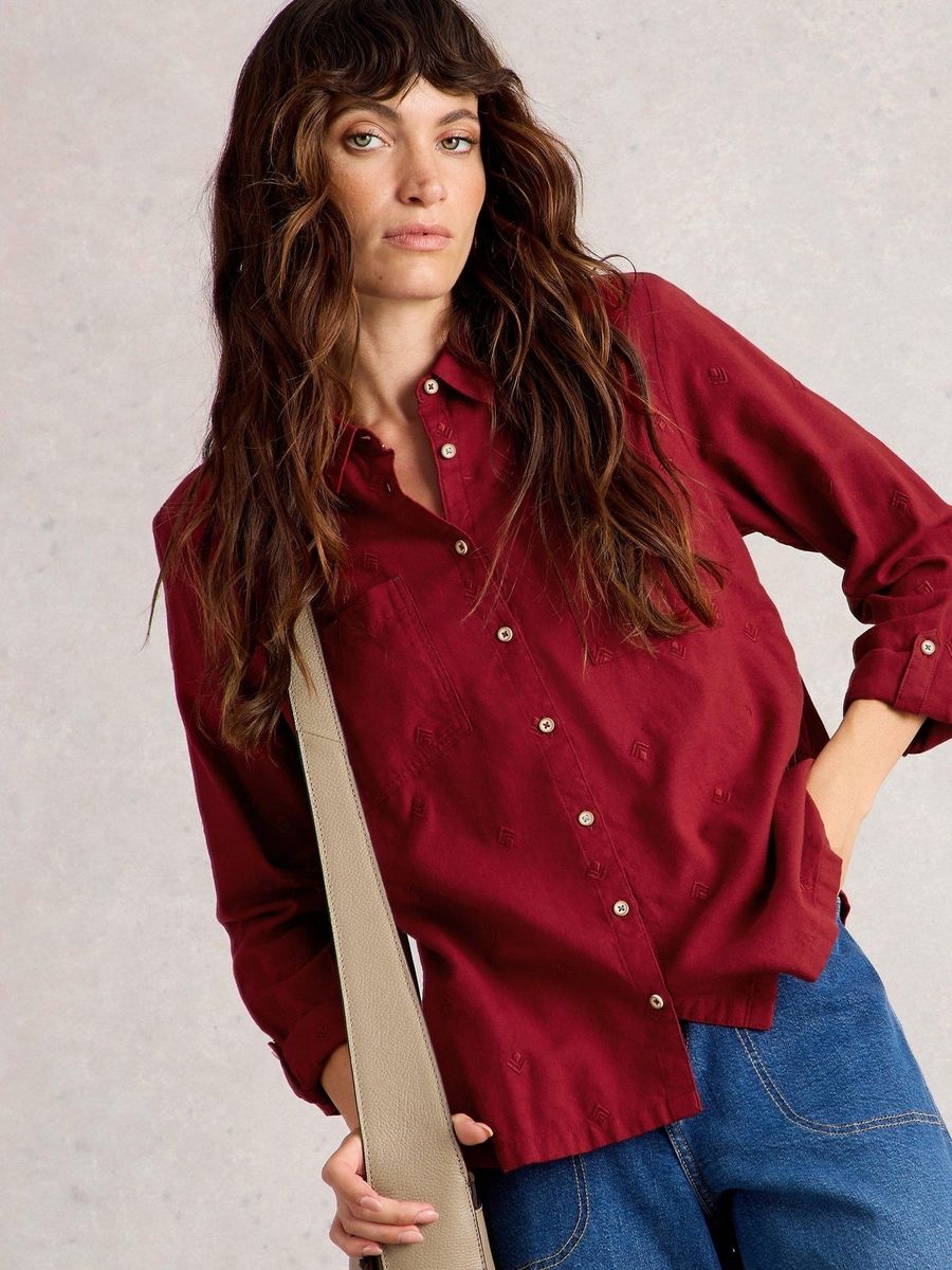 Bestickte Baumwollbluse mit Viereck-Muster