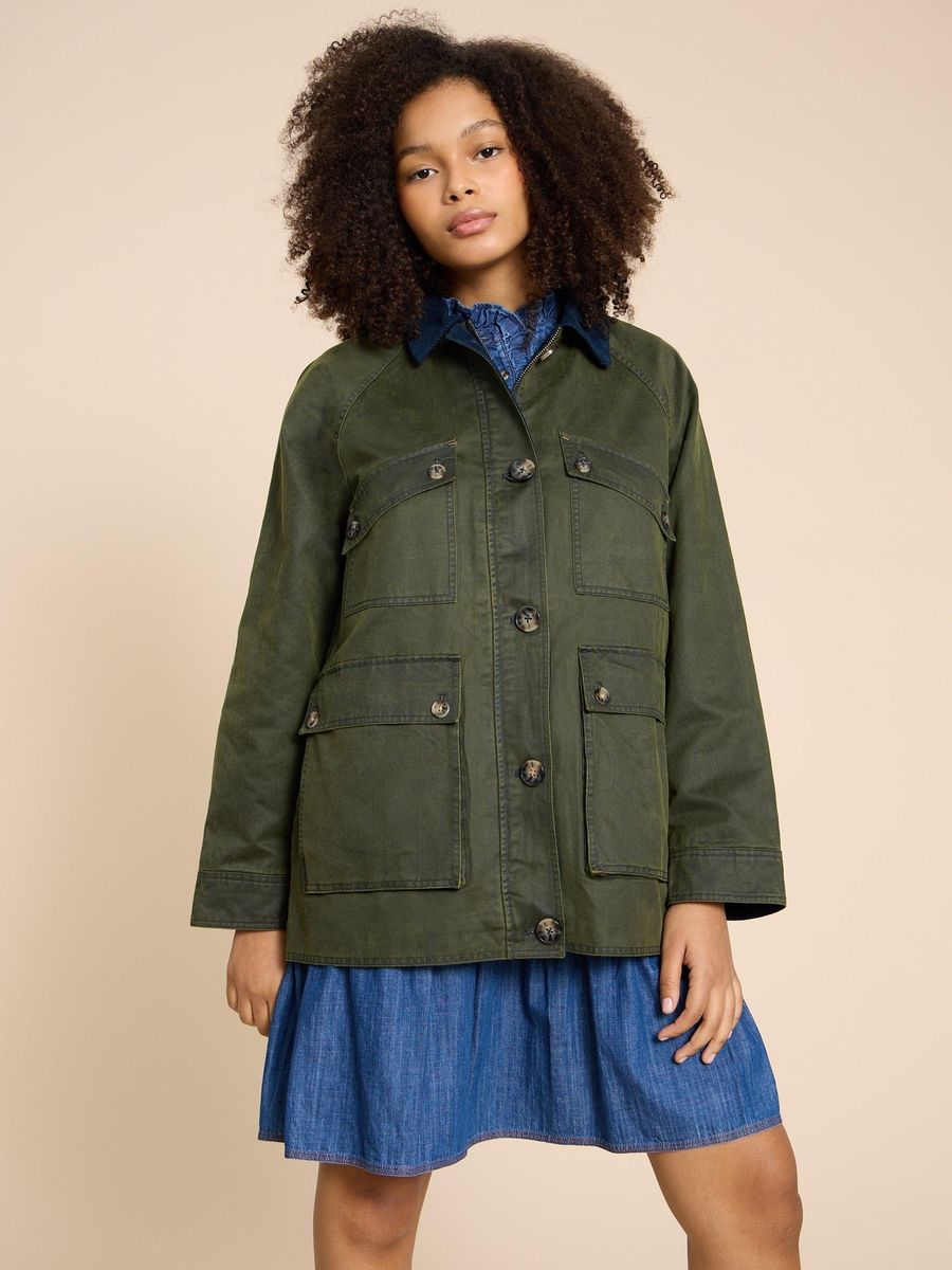 Baumwoll-Utility-Jacke mit Cordkragen