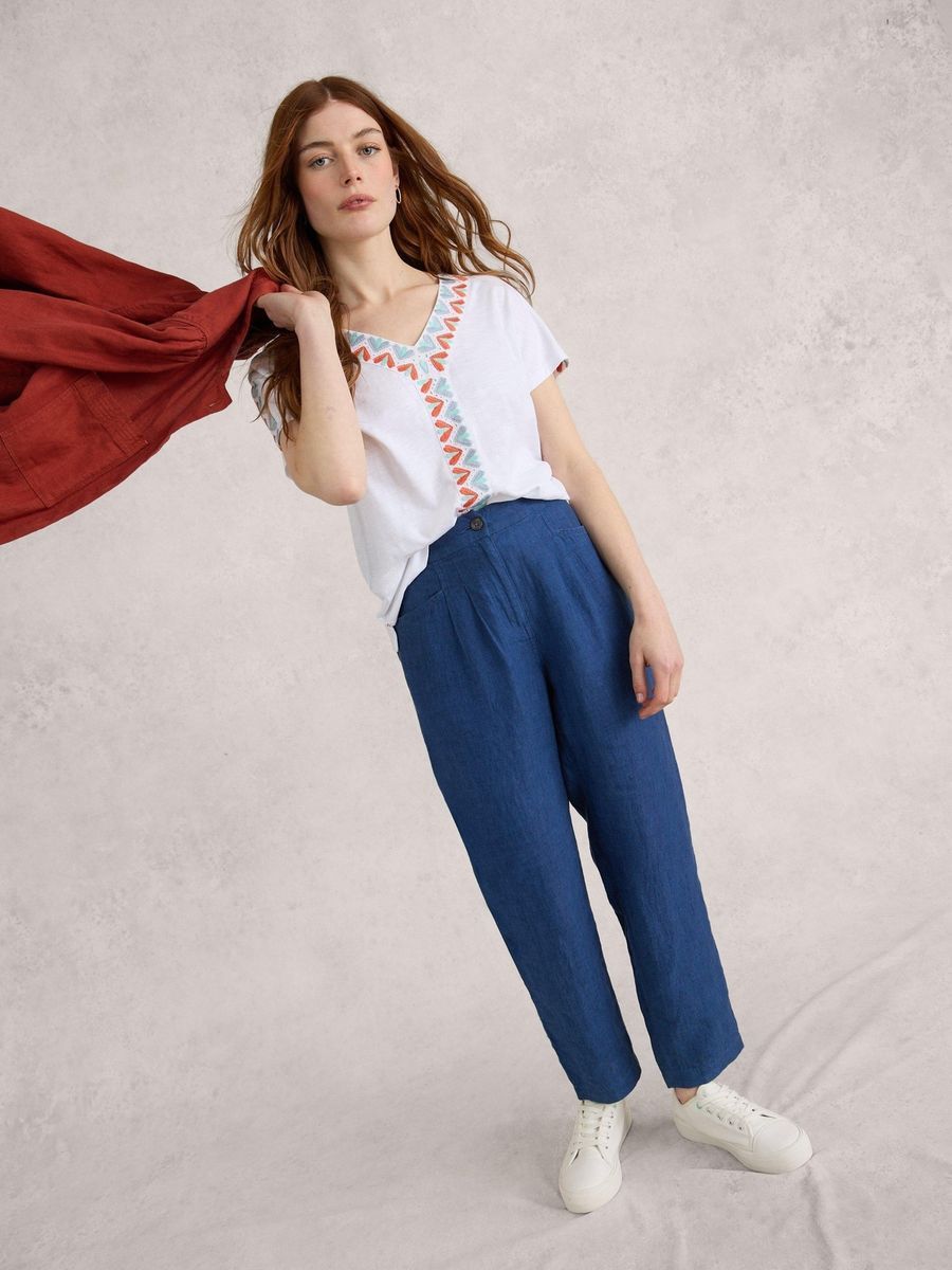 Damen Cropped Leinenhose mit Bundfalten