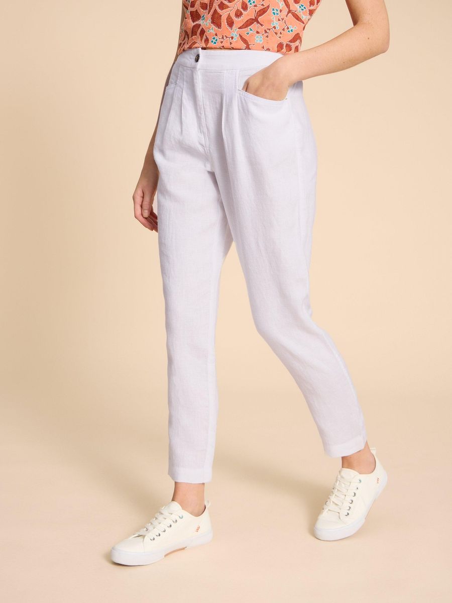 Damen Cropped Leinenhose mit Bundfalten