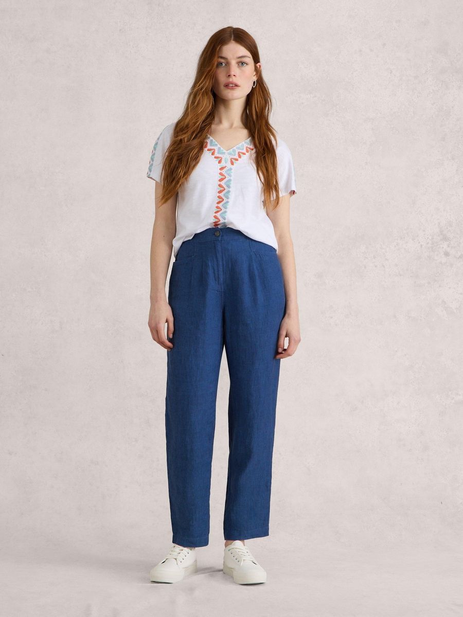 Damen Cropped Leinenhose mit Bundfalten