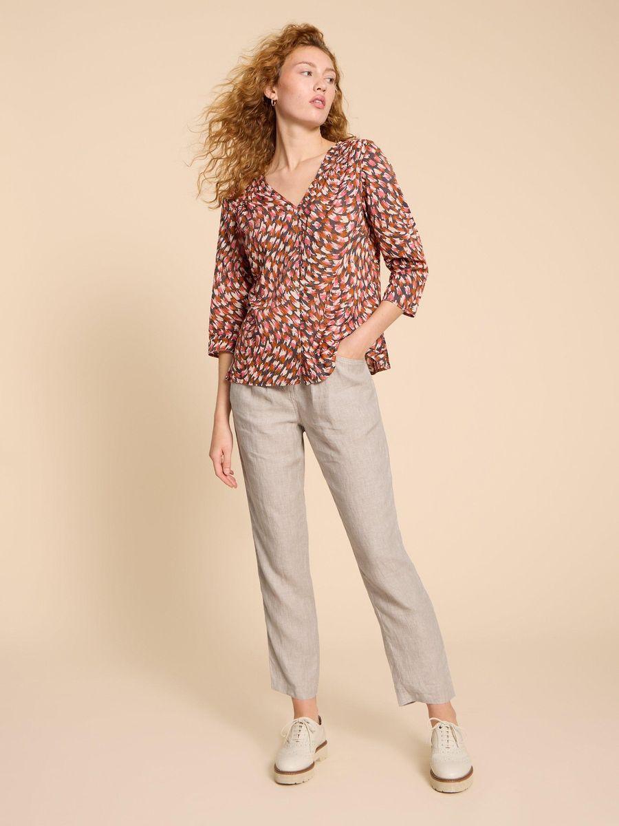 Damen Cropped Leinenhose mit Bundfalten