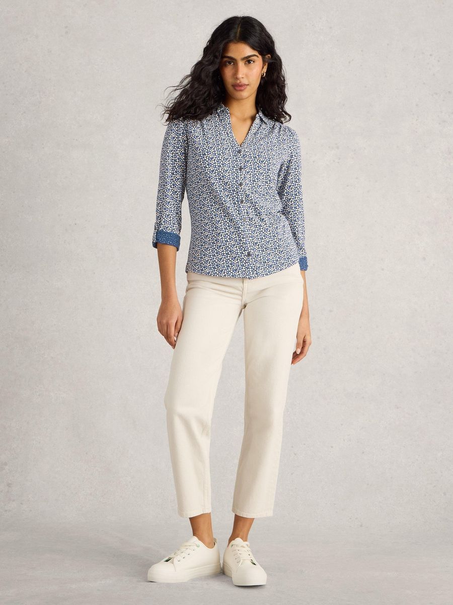 Jerseybluse mit Blumenmuster und Knopfleiste