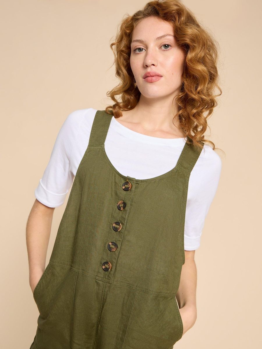 Latzhose aus Leinen, kurzer Jumpsuit mit Knöpfen