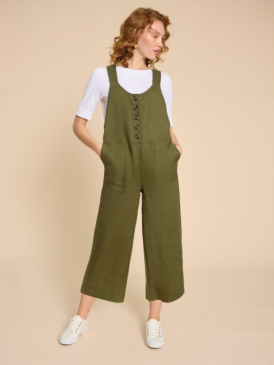 Latzhose aus Leinen, kurzer Jumpsuit mit Knöpfen