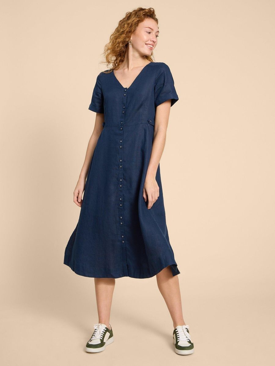 Leinen-Midikleid mit Knopfleiste