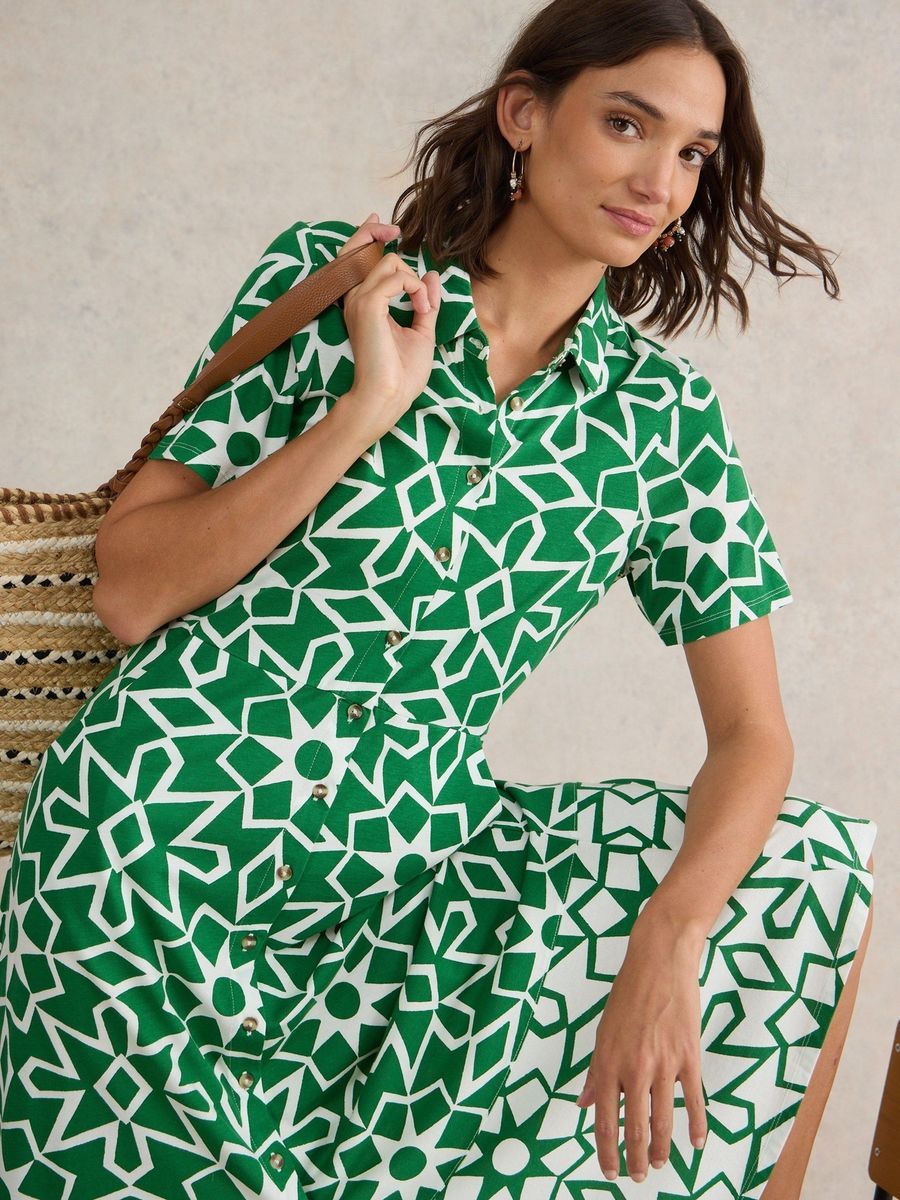 Grünes Jersey-Hemdkleid mit geometrischem Muster