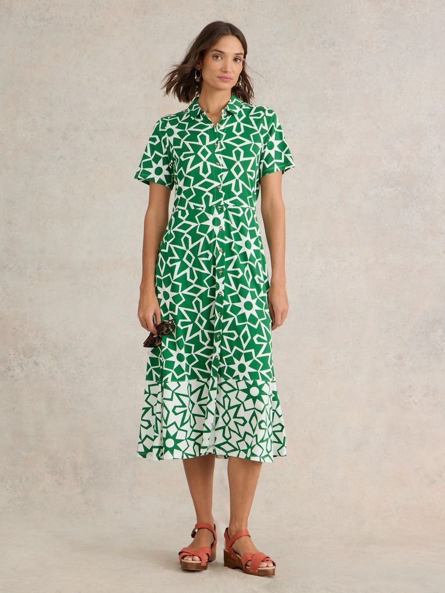 Grünes Jersey-Hemdkleid mit geometrischem Muster