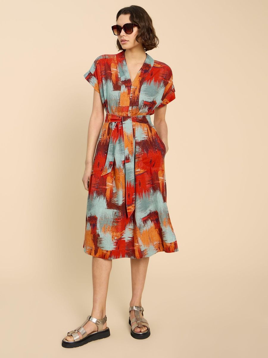 Midi-Kleid aus Leinenmischung mit abstraktem Print