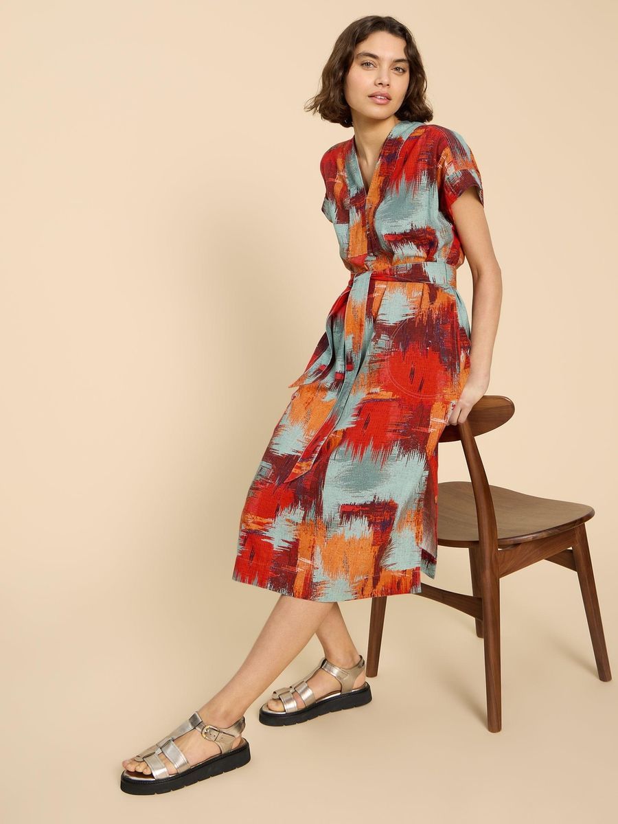 Midi-Kleid aus Leinenmischung mit abstraktem Print