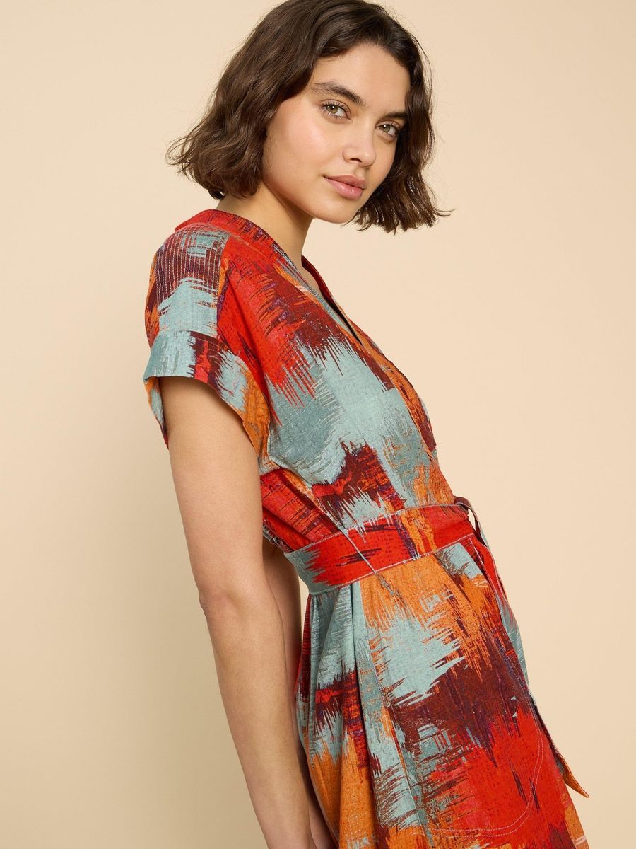 Midi-Kleid aus Leinenmischung mit abstraktem Print