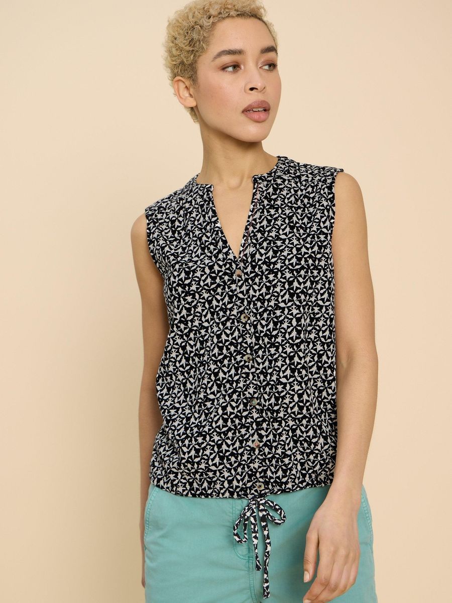 Bedruckte ärmellose Bluse mit Bindesaum