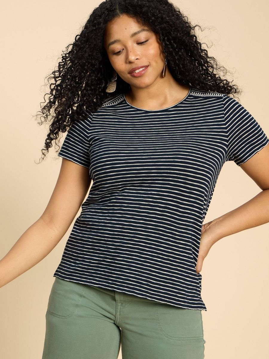 Gestreiftes Baumwoll-T-Shirt mit Stickerei
